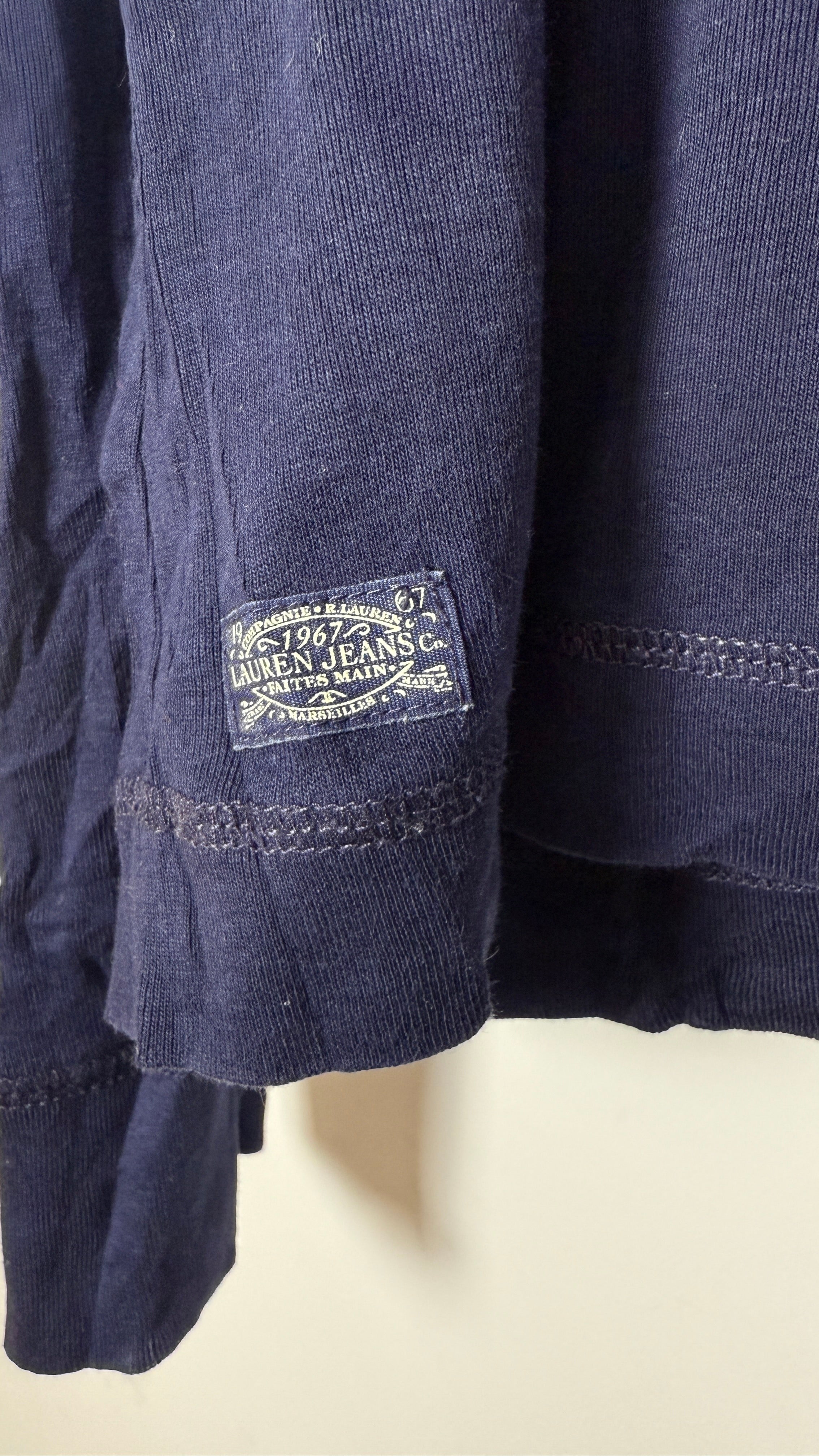 Lauren by Ralph Lauren Long Sleeved Top Blue with Dark brown Accent and zipper shoulder