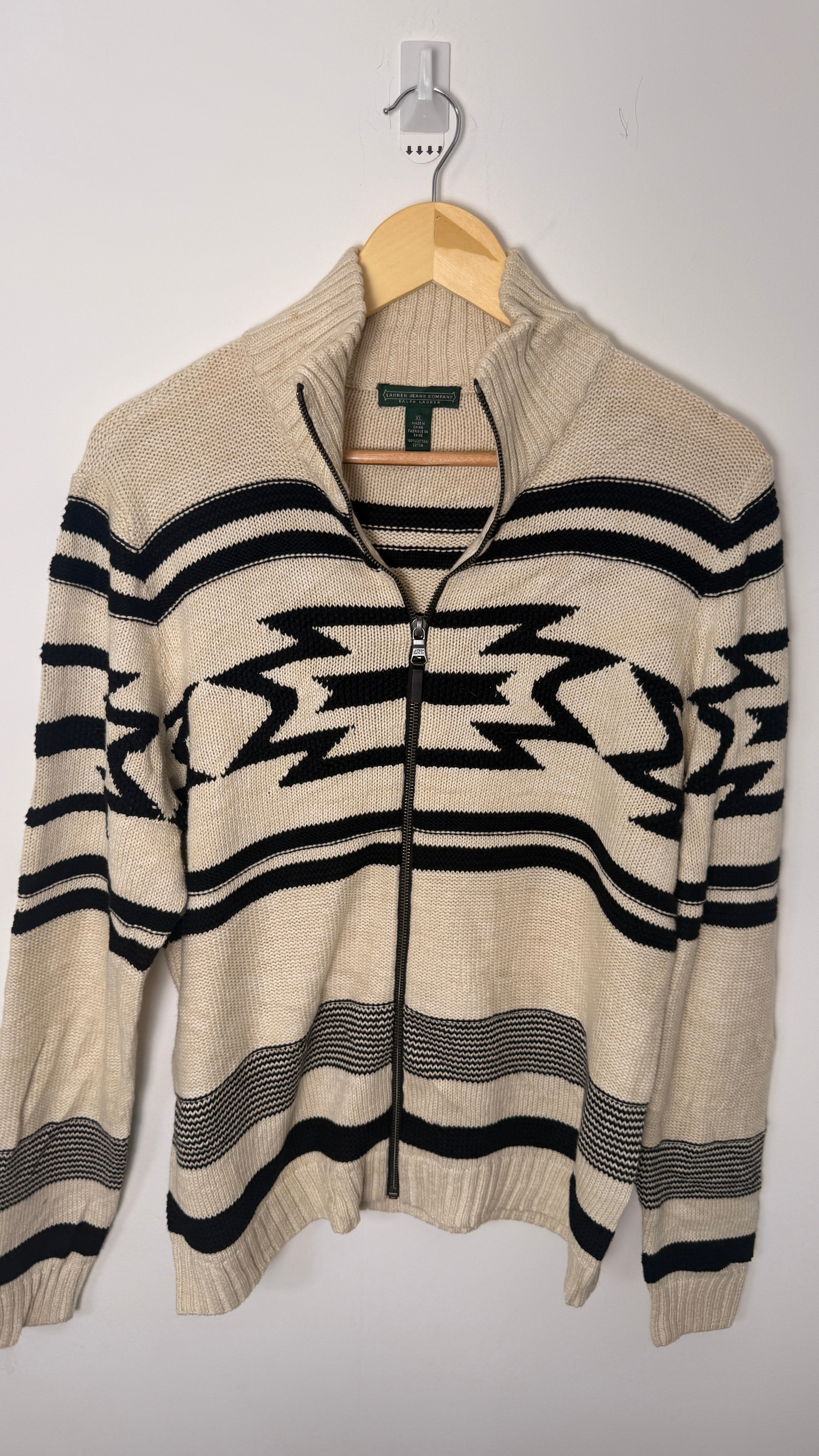 Lauren by Ralph Lauren Long Sleeved Abstract Shape Cream Zip Up Jumper