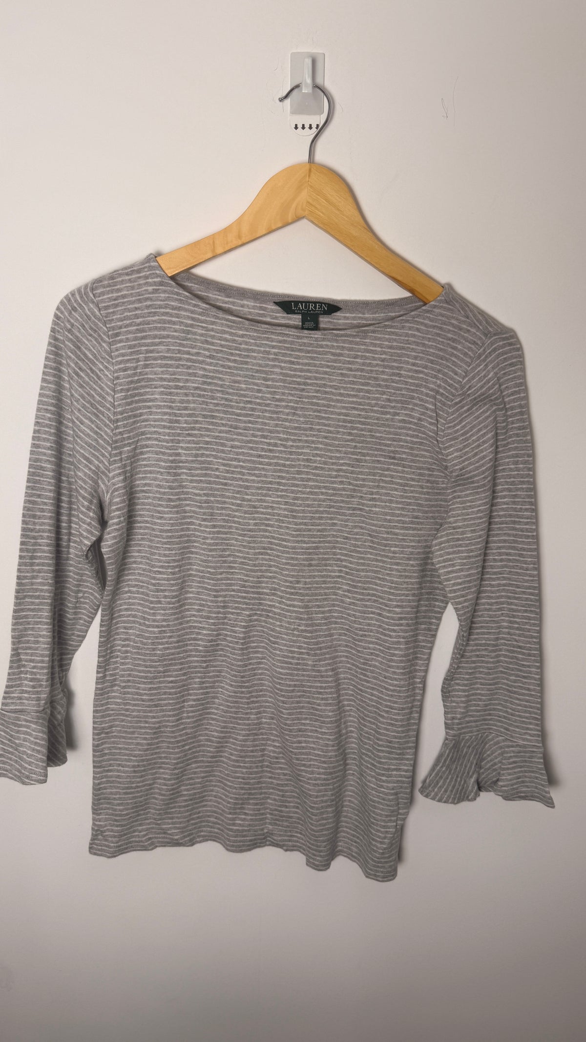 Lauren by Ralph Lauren 3/4 Bell Sleeve Grey White Top