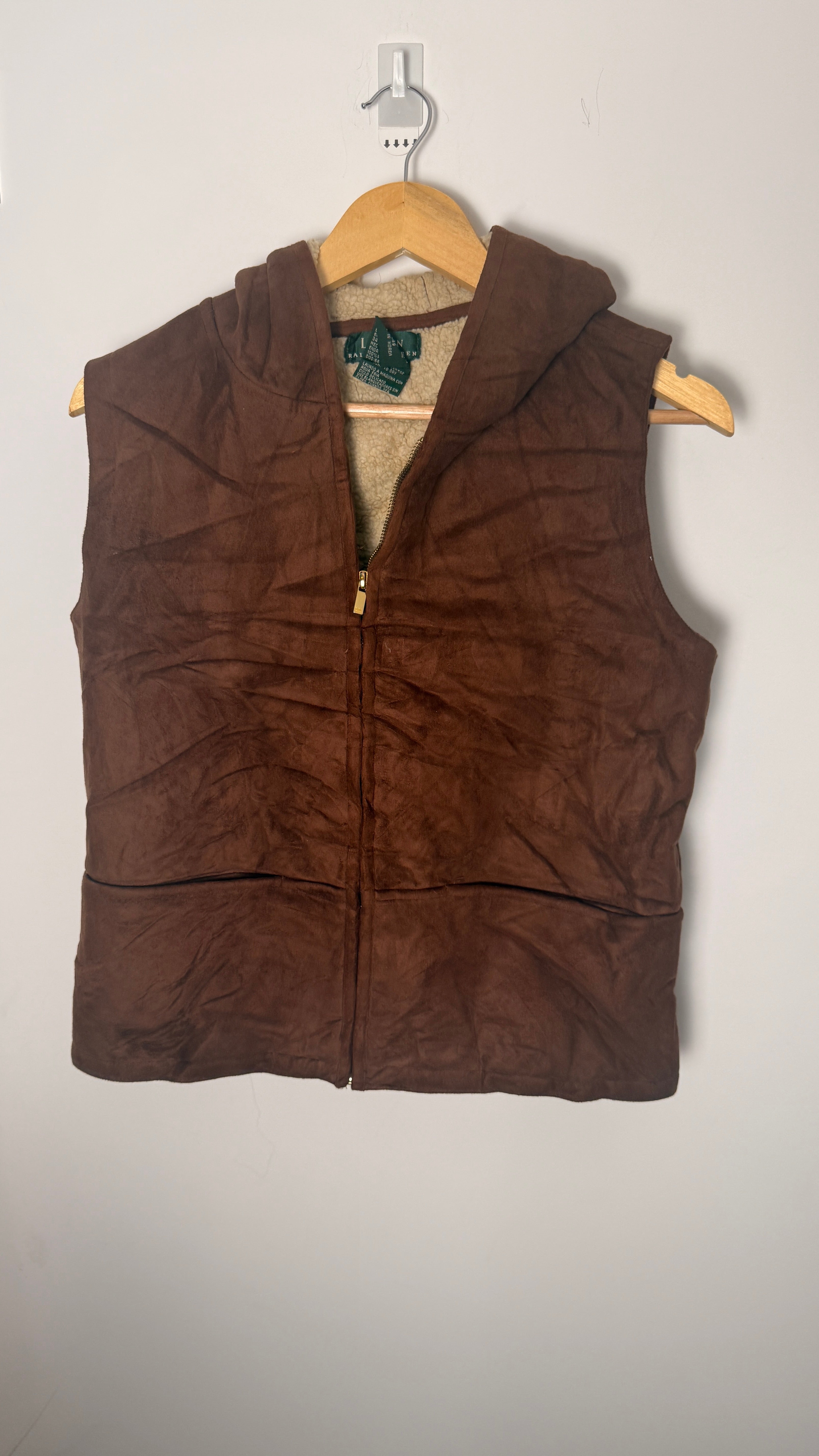 Lauren by Ralph Lauren Brown Suede Hooded Vest with Fleece Interior