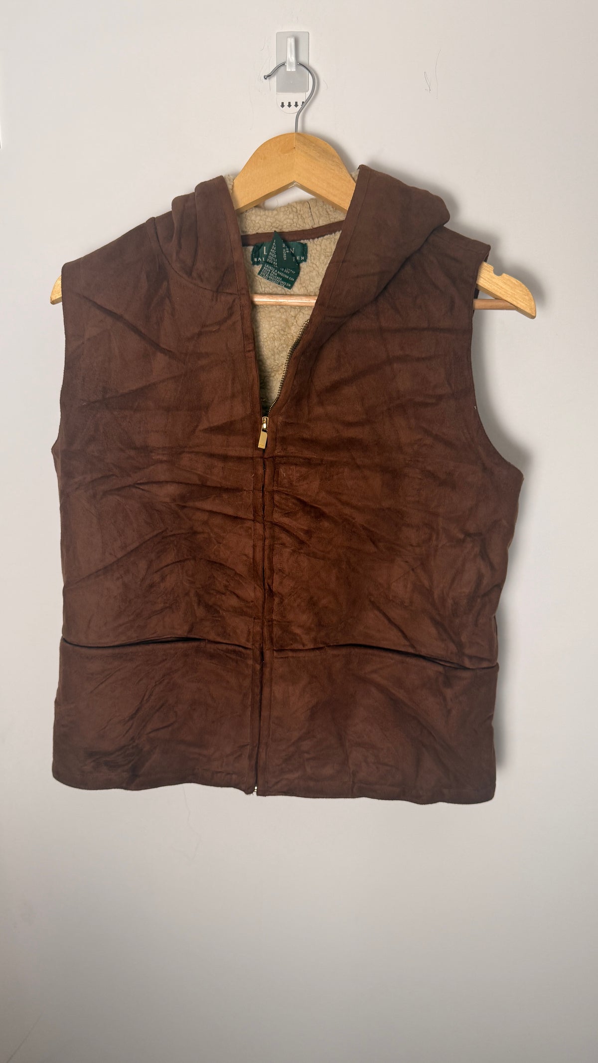 Lauren by Ralph Lauren Brown Suede Hooded Vest with Fleece Interior