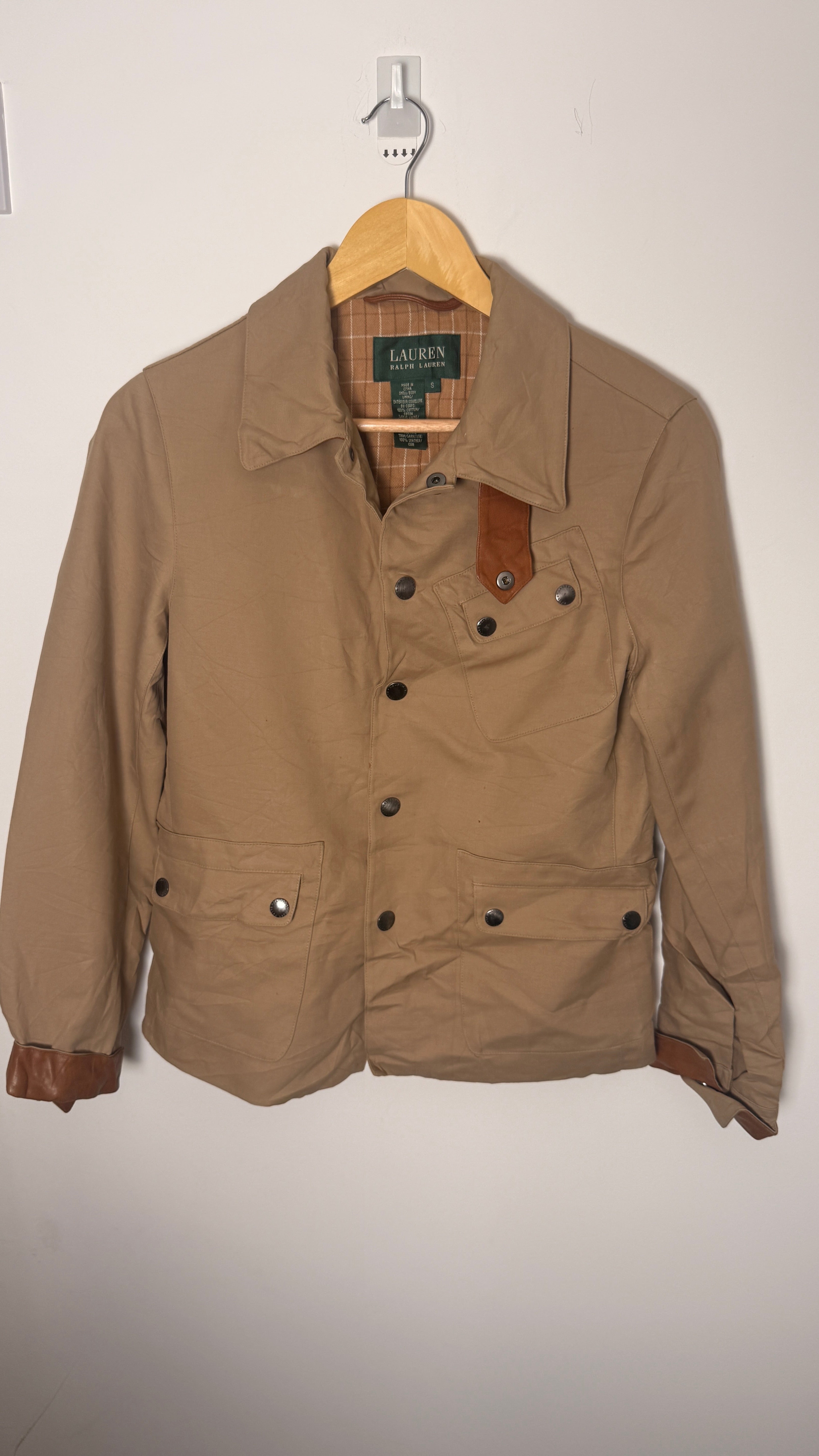 Lauren by Ralph Lauren Denim Camel Jacket with 100% Leather Cognac Cuffs