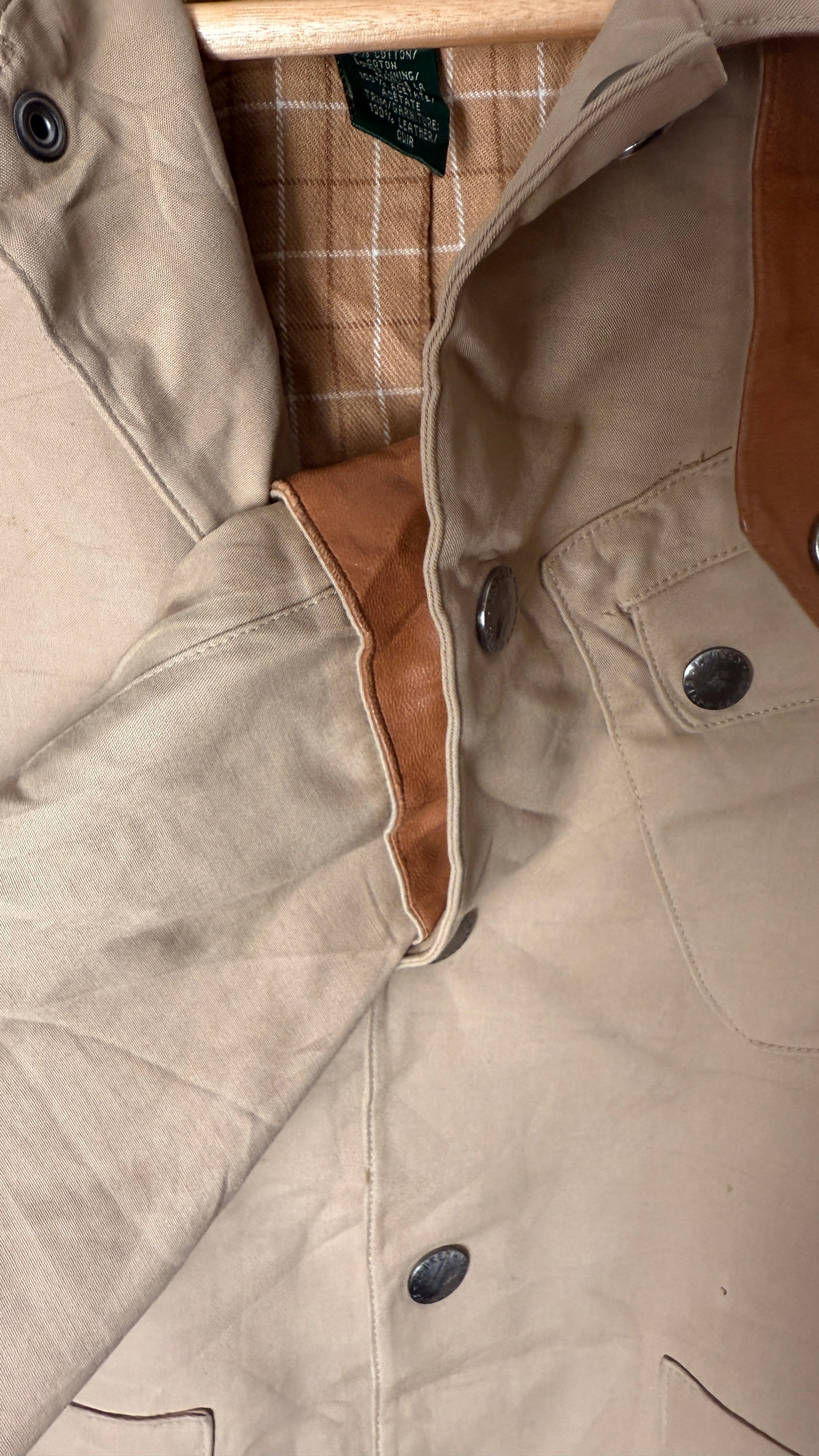 Lauren by Ralph Lauren Denim Camel Jacket with 100% Leather Cognac Cuffs