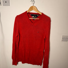 Tommy Hilfiger Red Knitted Cotton Linen V-Neck Jumper