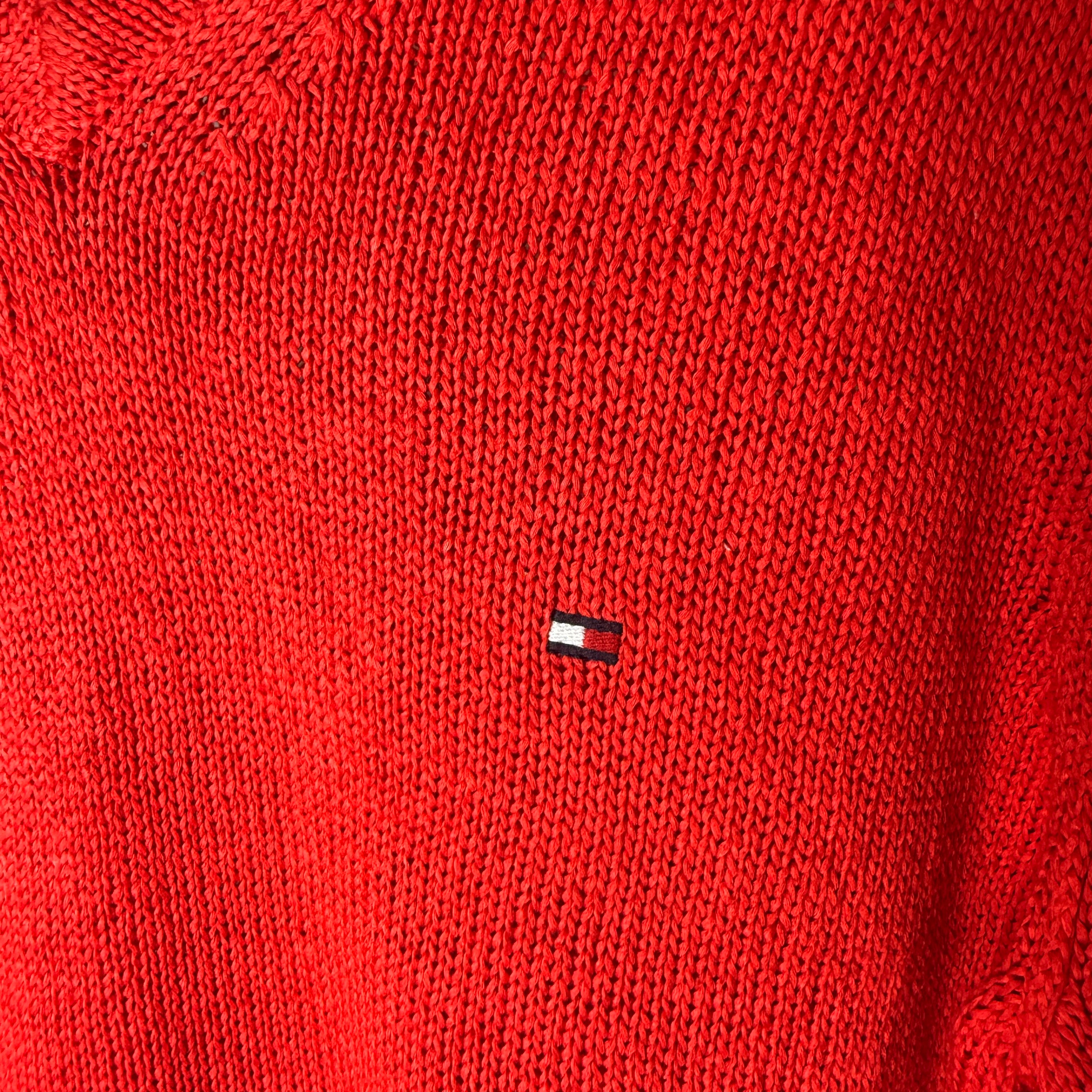 Tommy Hilfiger Red Knitted Cotton Linen V-Neck Jumper