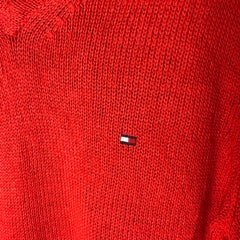 Tommy Hilfiger Red Knitted Cotton Linen V-Neck Jumper