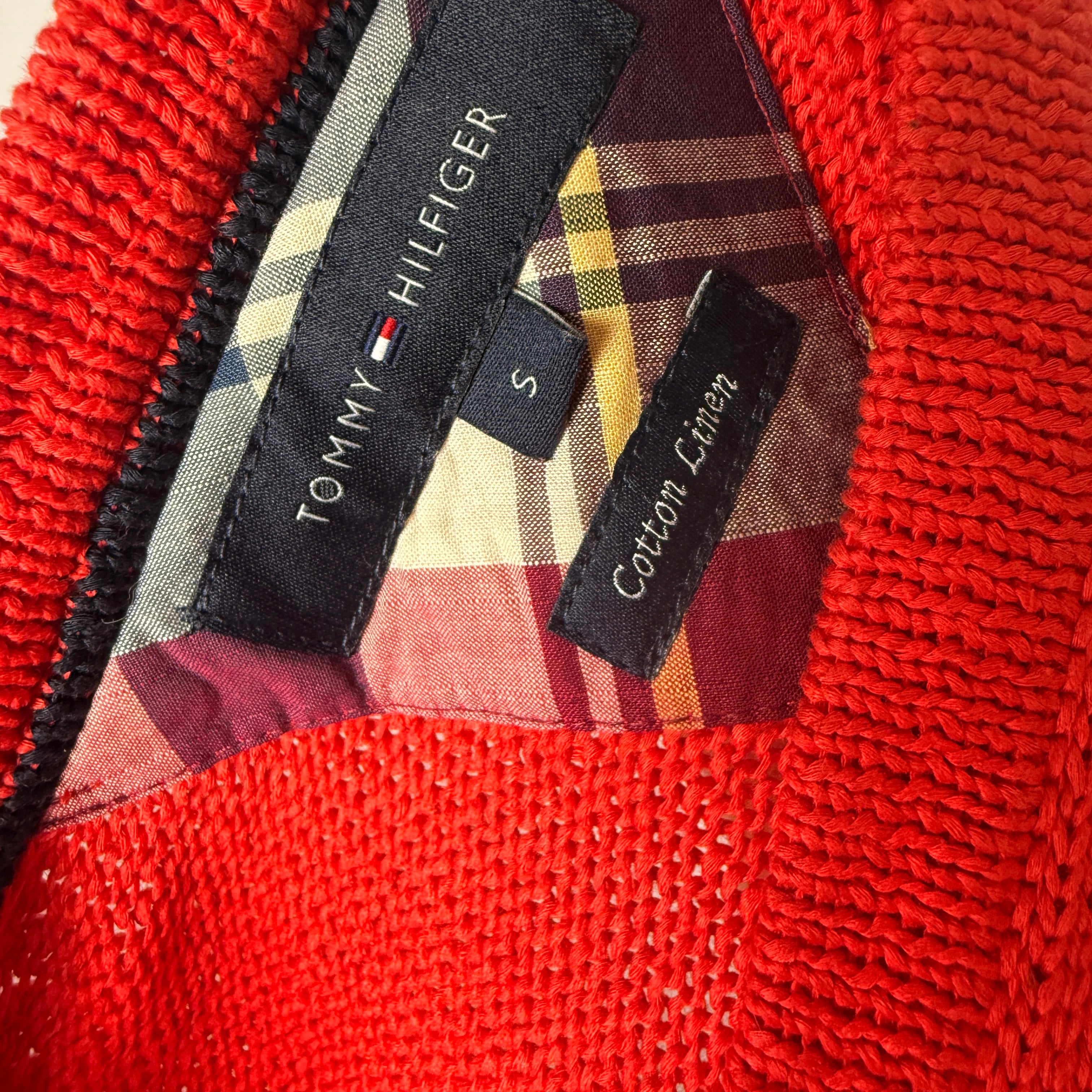 Tommy Hilfiger Red Knitted Cotton Linen V-Neck Jumper