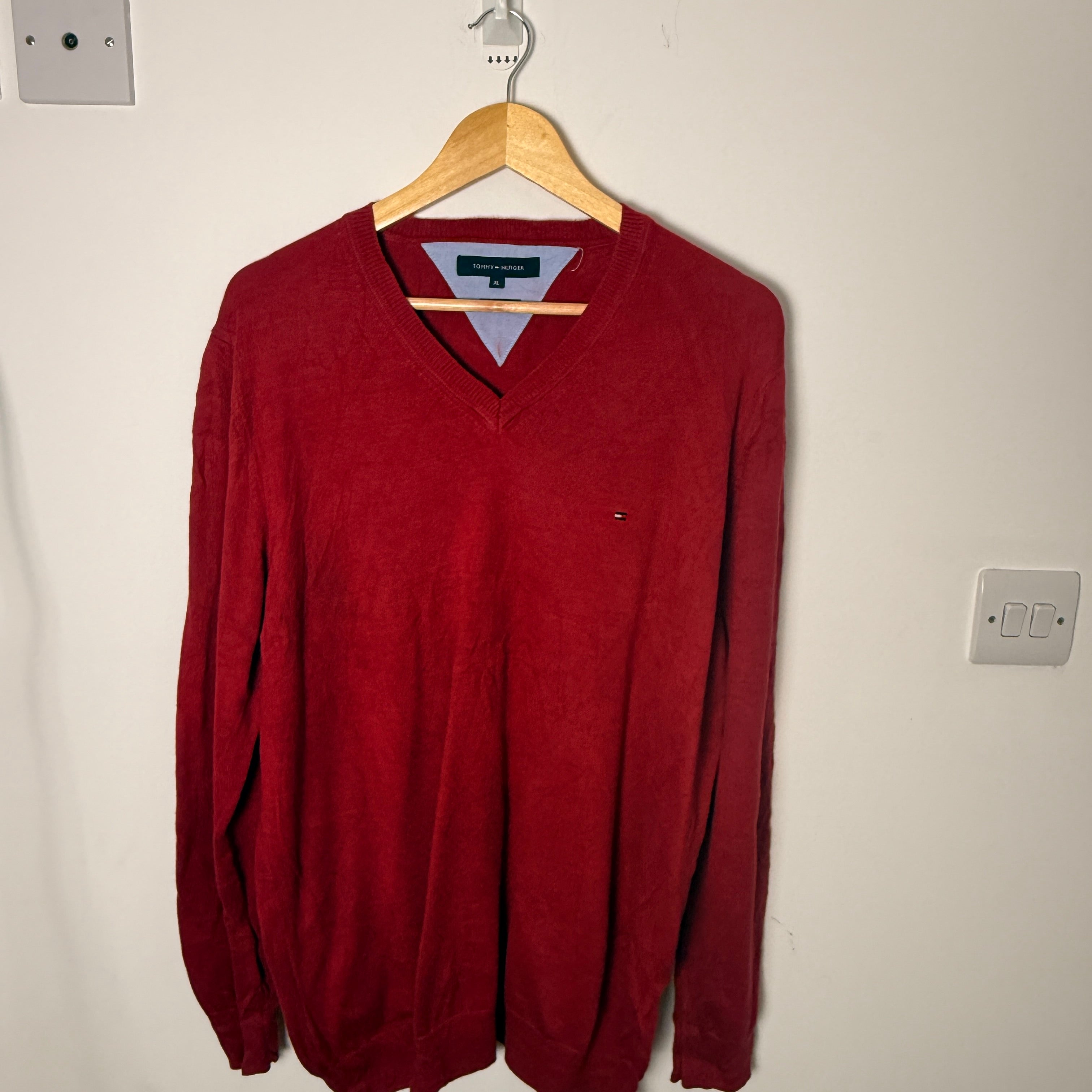 Tommy Hilfiger Premium Cotton Red V-Neck Jumper