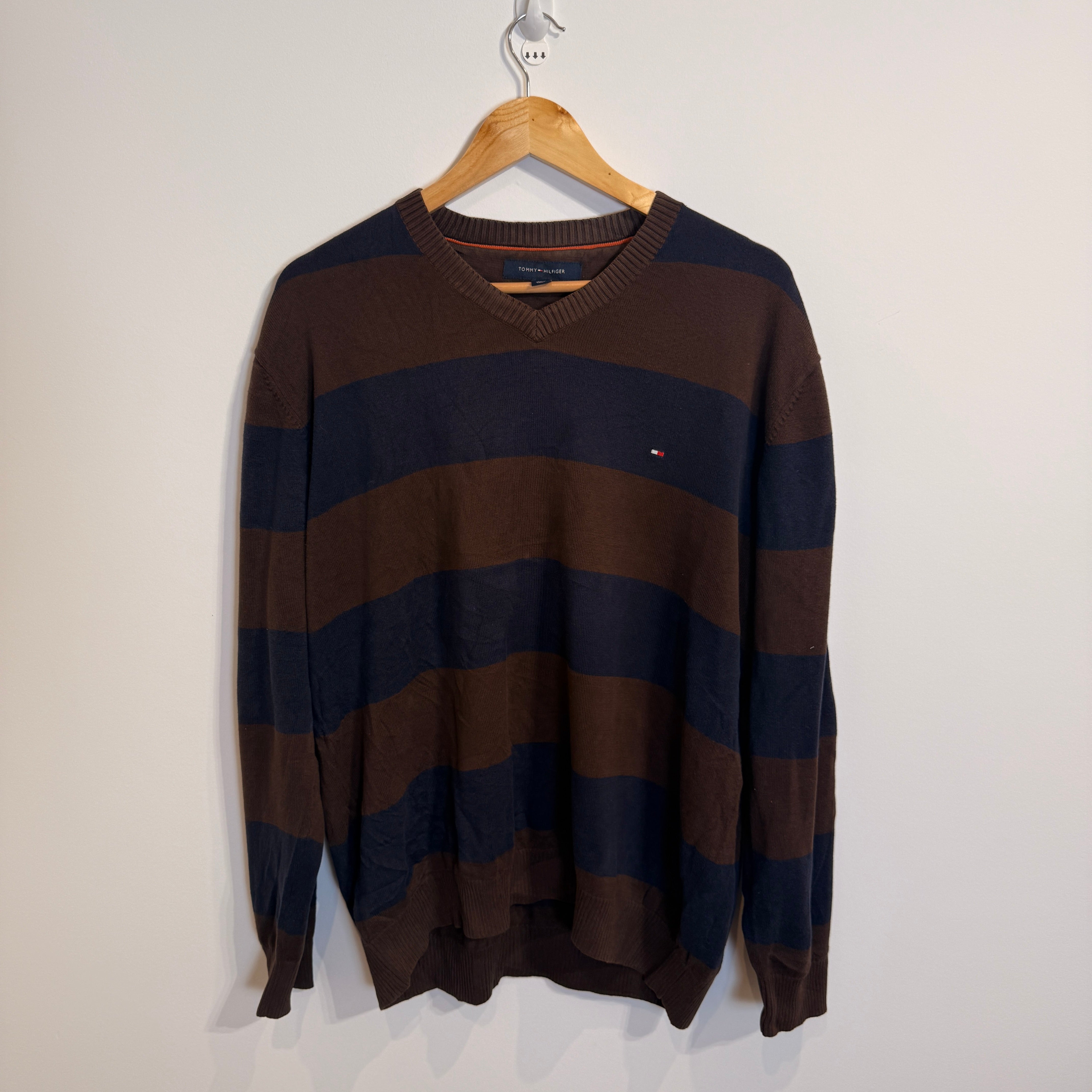 Tommy Hilfiger Brown and Blue Striped 100% Cotton V-Neck Jumper