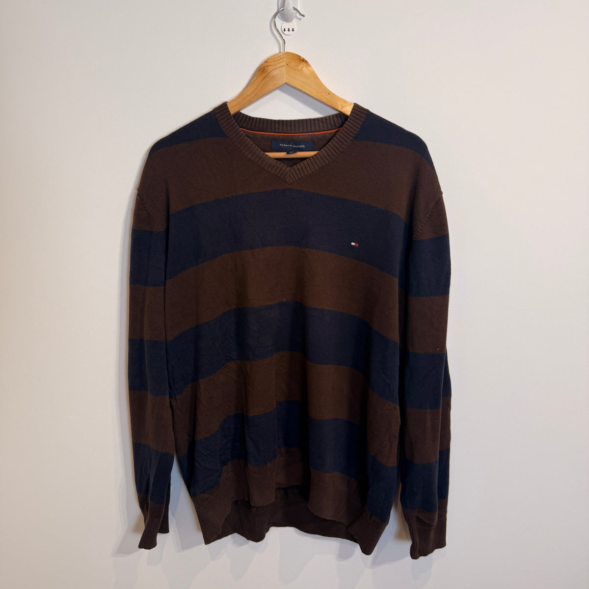 Tommy Hilfiger Brown and Blue Striped 100% Cotton V-Neck Jumper