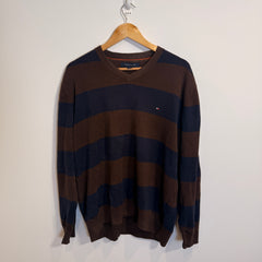 Tommy Hilfiger Brown and Blue Striped 100% Cotton V-Neck Jumper