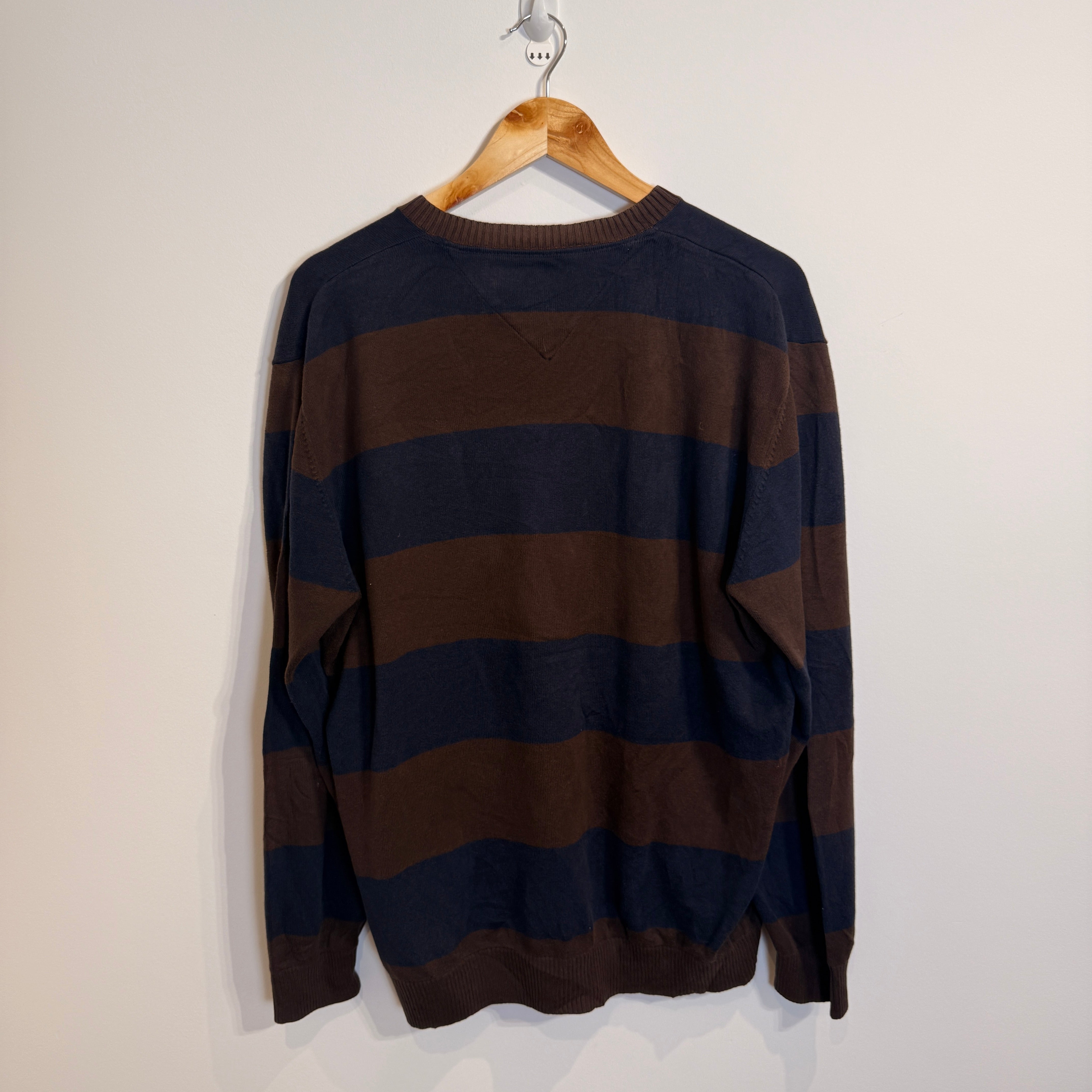 Tommy Hilfiger Brown and Blue Striped 100% Cotton V-Neck Jumper