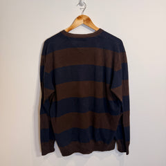 Tommy Hilfiger Brown and Blue Striped 100% Cotton V-Neck Jumper