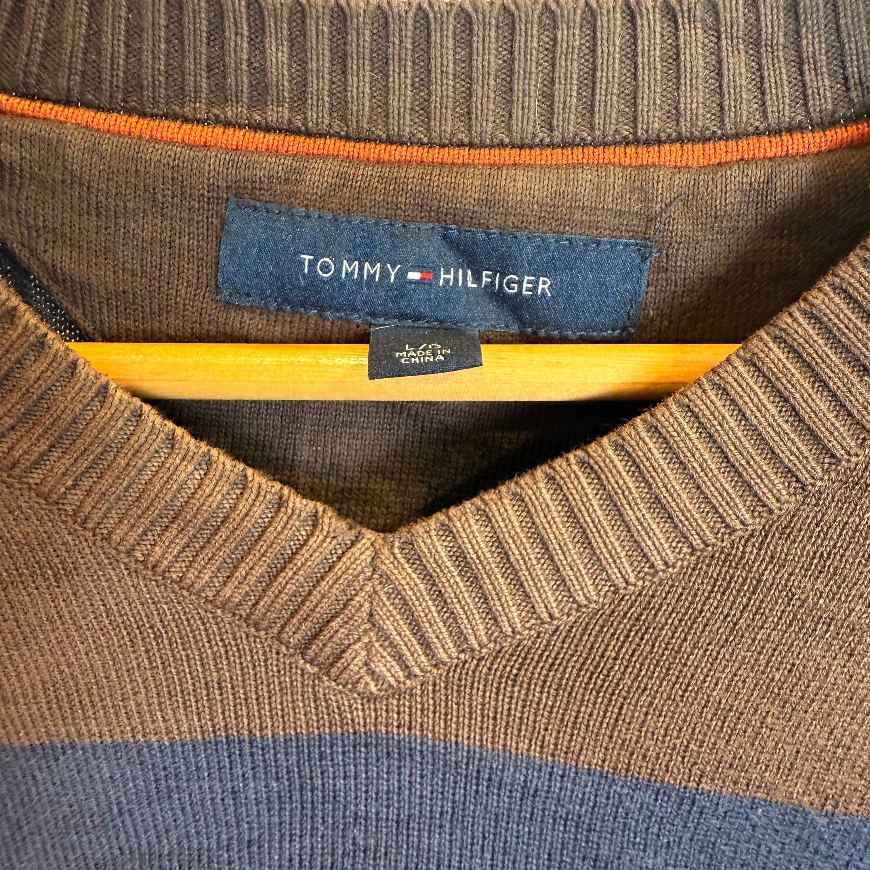 Tommy Hilfiger Brown and Blue Striped 100% Cotton V-Neck Jumper