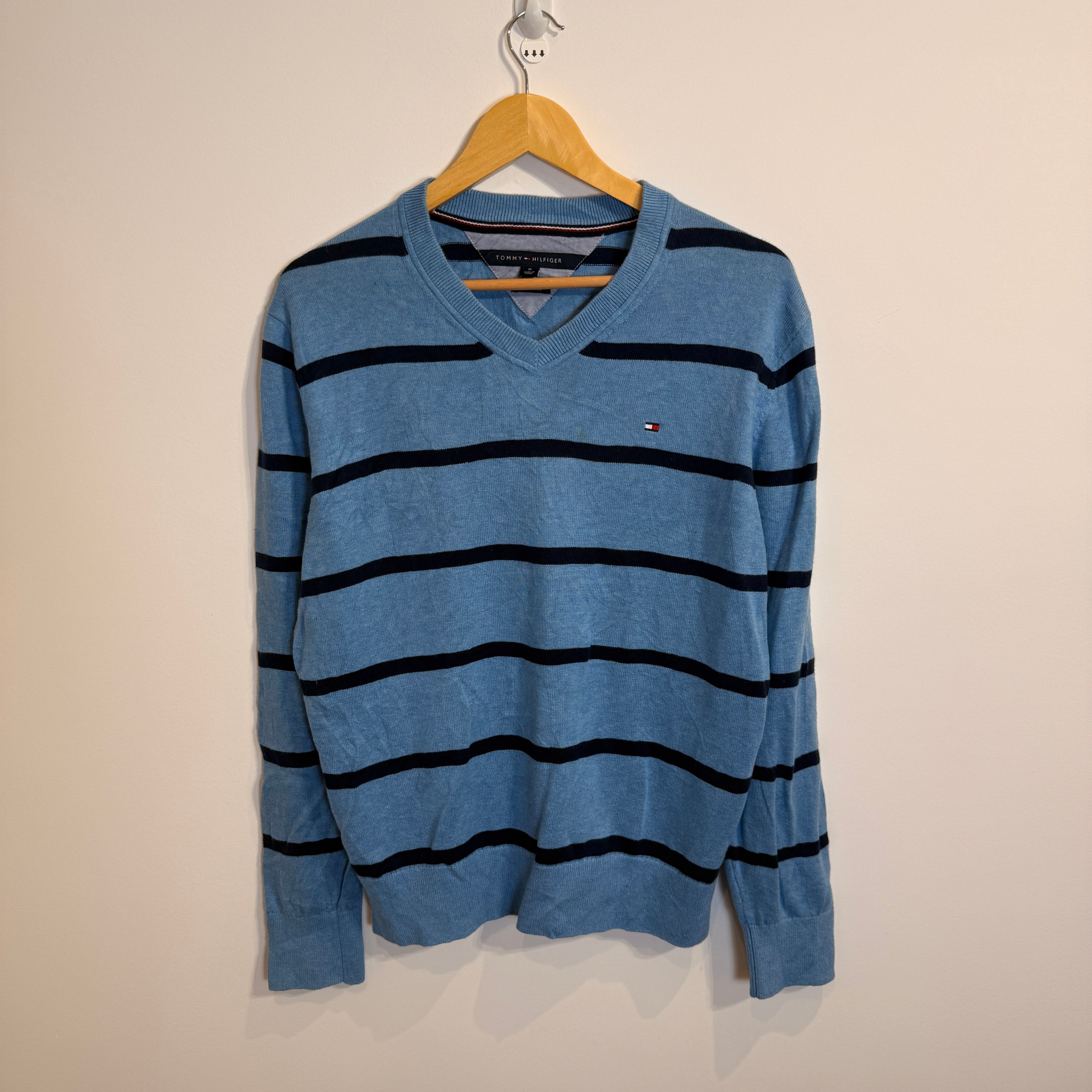 Tommy Hilfiger Prima Cotton Light Blue Striped V-Neck Jumper