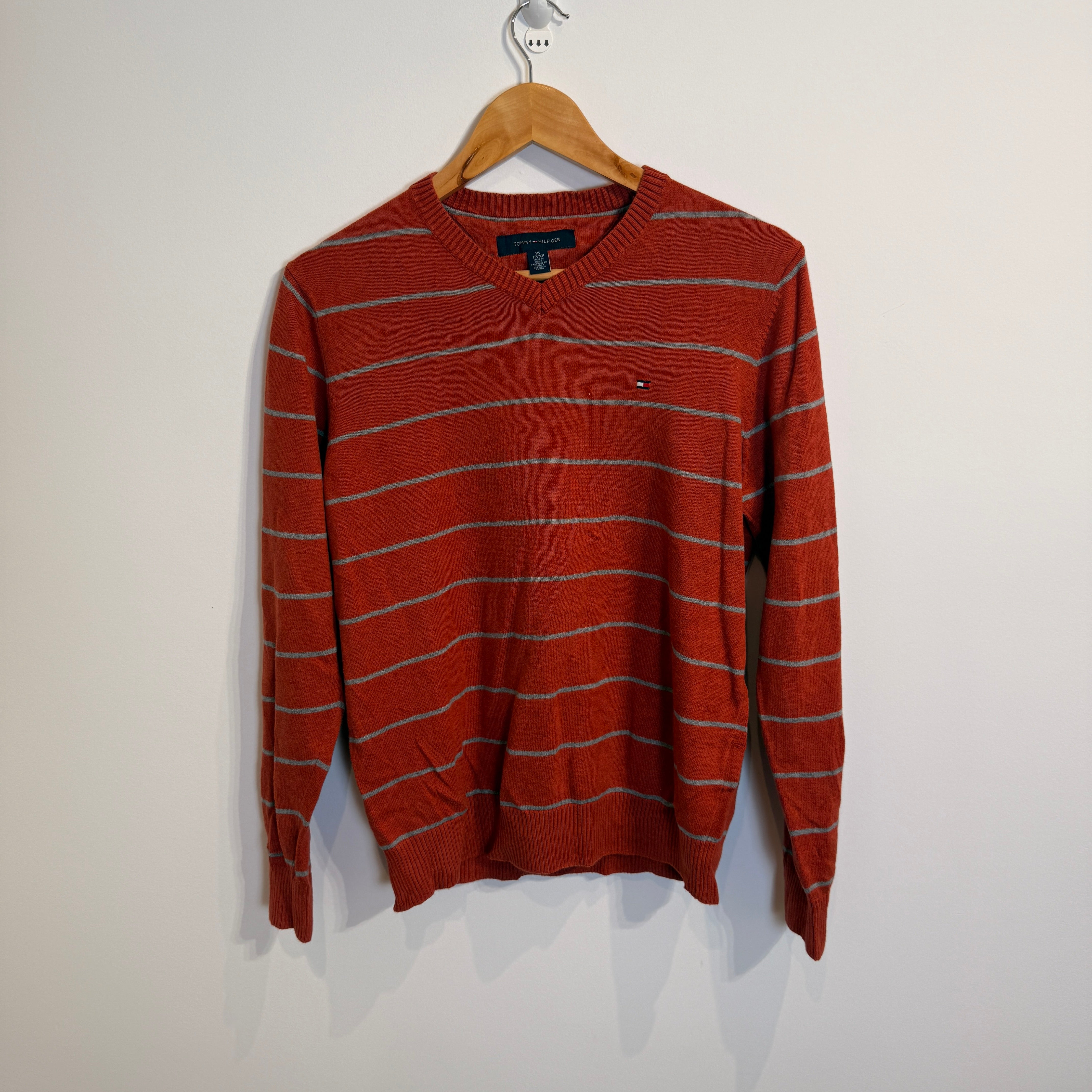 Tommy Hilfiger Orange Terracotta Striped 100% Cotton V-Neck Jumper