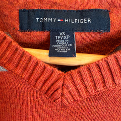 Tommy Hilfiger Orange Terracotta Striped 100% Cotton V-Neck Jumper