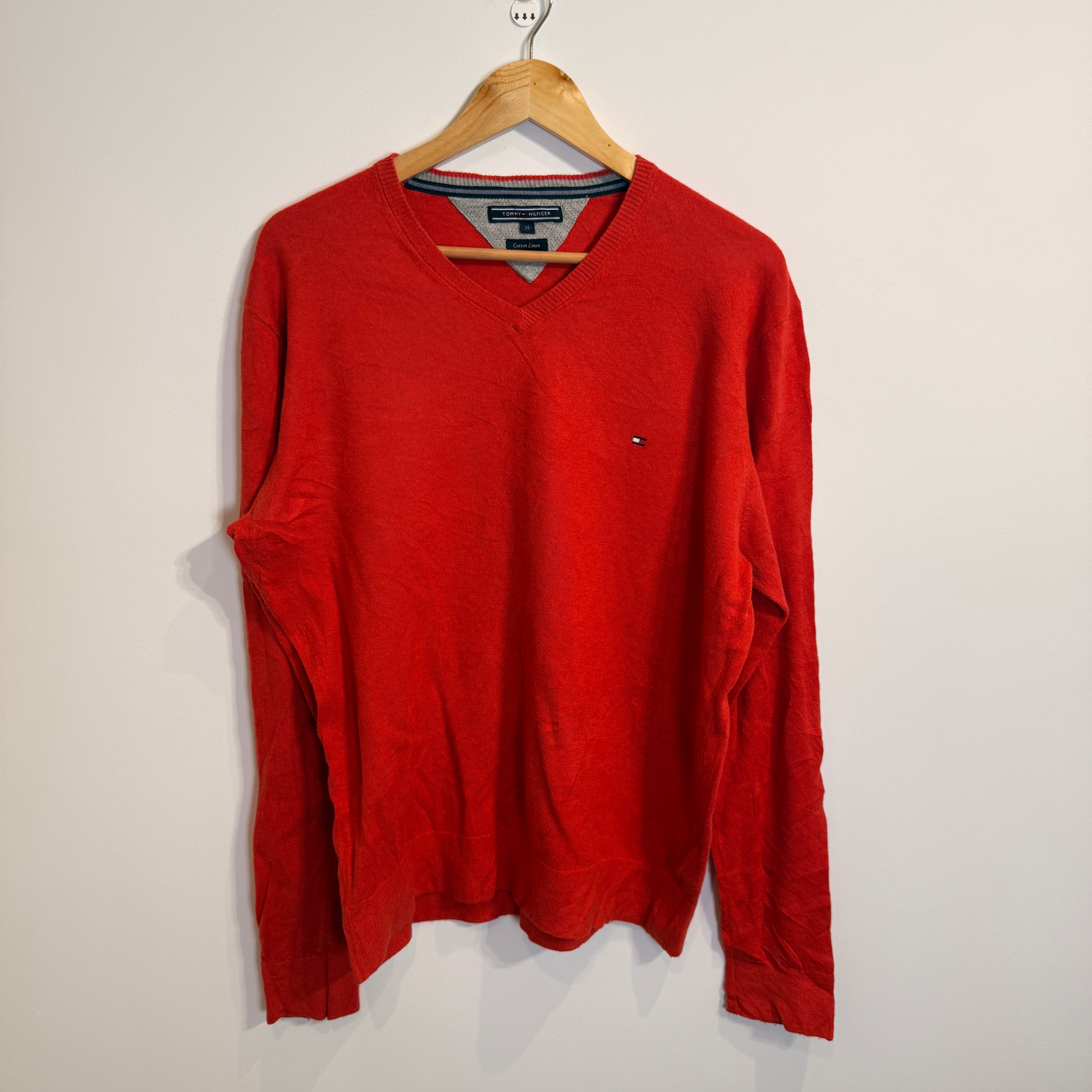 Tommy Hilfiger Bright Red Cotton-Linen Blend V-Neck Jumper