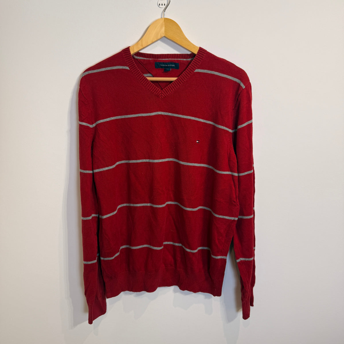 Tommy Hilfiger Red and Grey Striped 100% Cotton V-Neck Jumper
