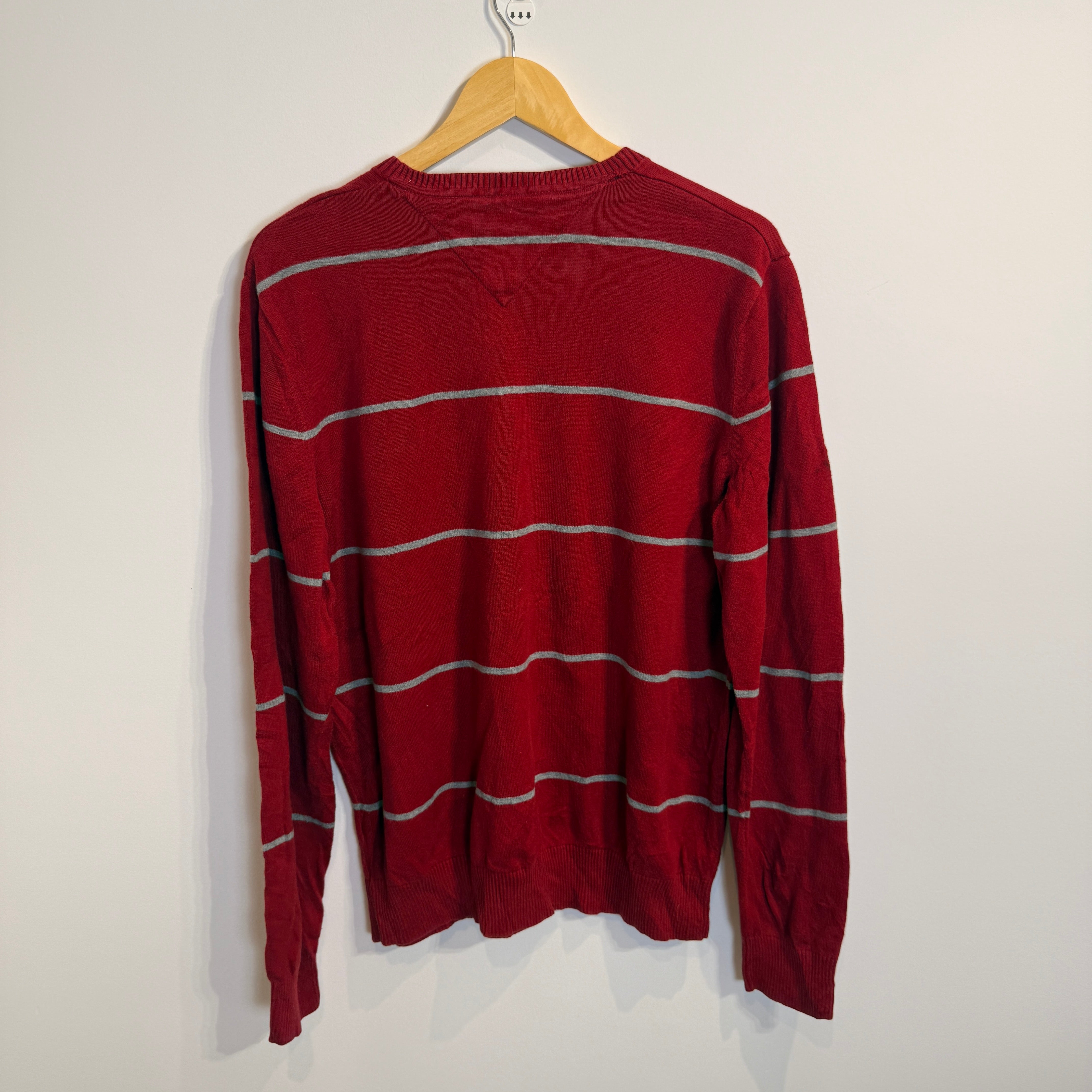 Tommy Hilfiger Red and Grey Striped 100% Cotton V-Neck Jumper