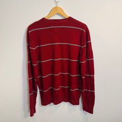 Tommy Hilfiger Red and Grey Striped 100% Cotton V-Neck Jumper