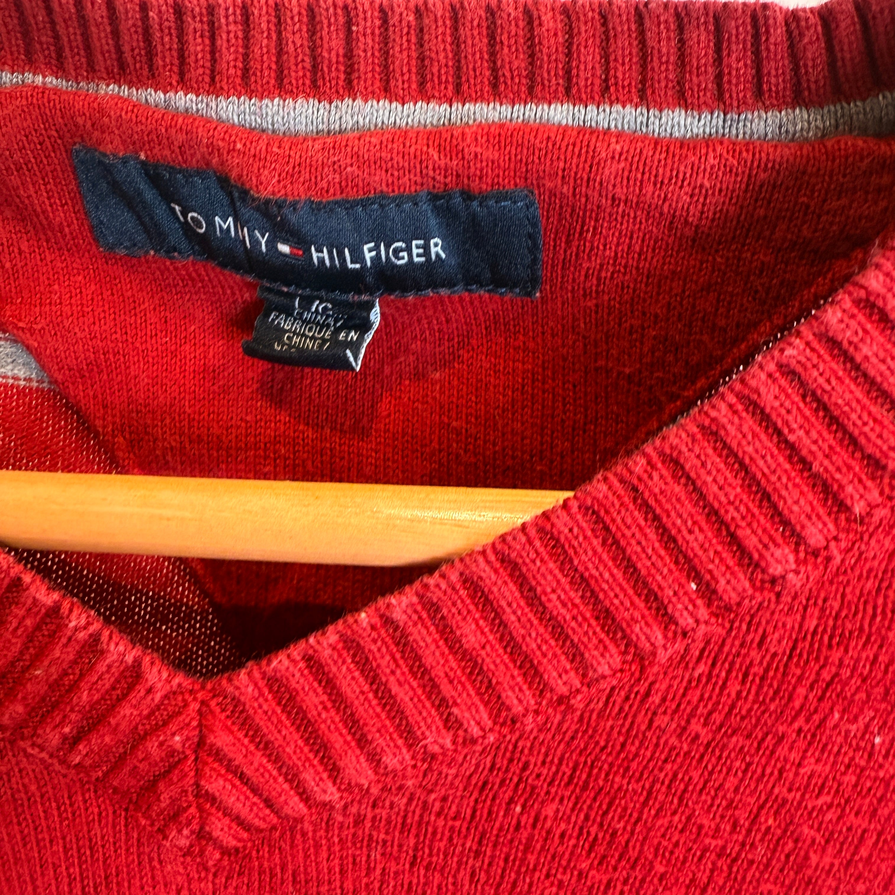 Tommy Hilfiger Red and Grey Striped 100% Cotton V-Neck Jumper
