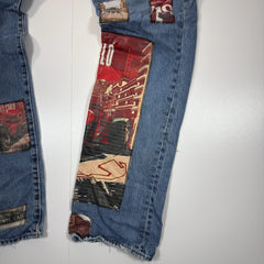 Levi's Vintage Blue Denim Jeans with Vintage Car-Themed Patches