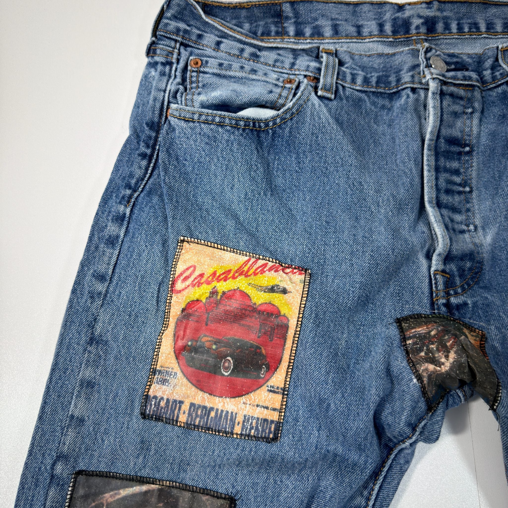 Levi's Vintage Blue Denim Jeans with Vintage Car-Themed Patches