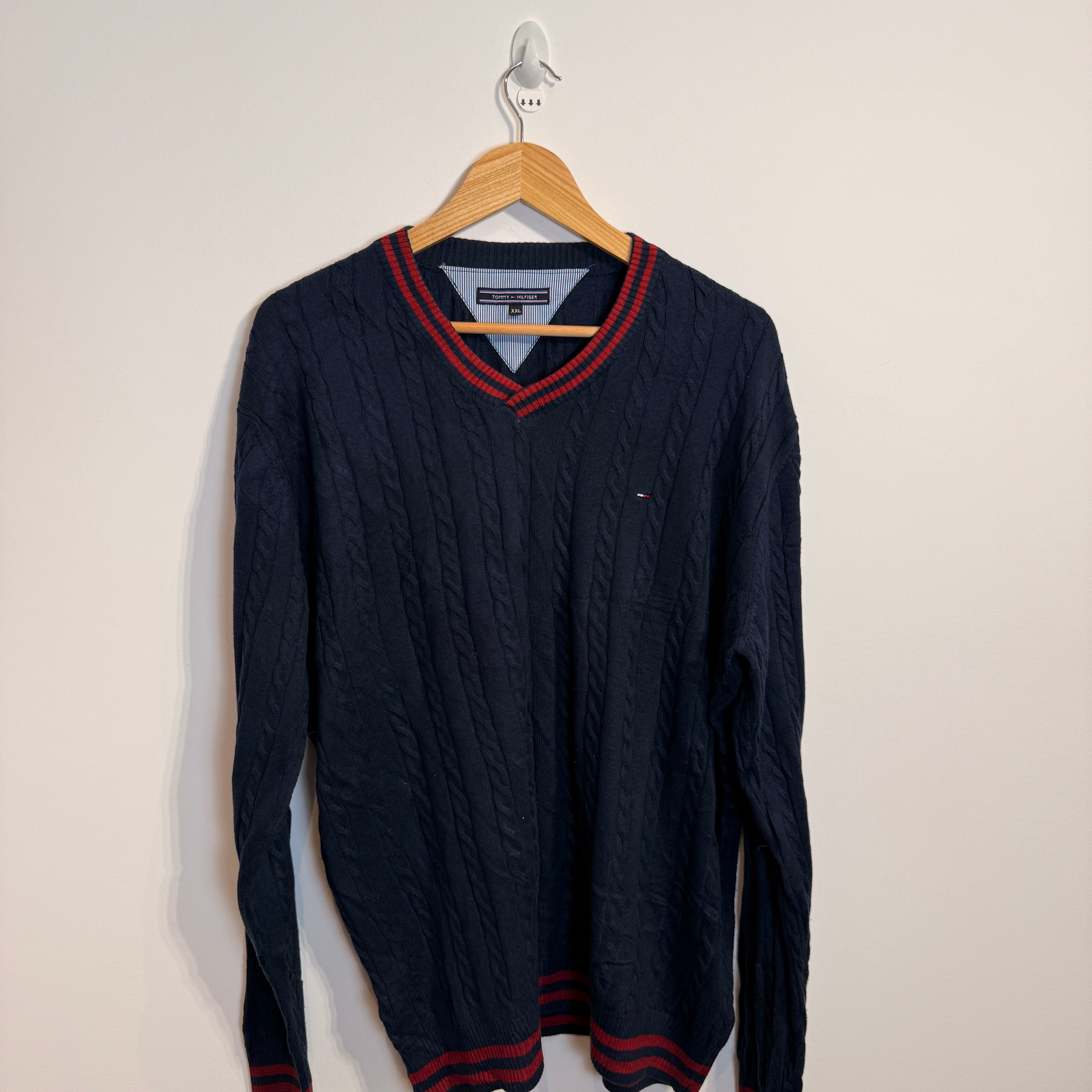 Tommy Hilfiger Knitted Quilted Pattern Navy Jumper with Red Border