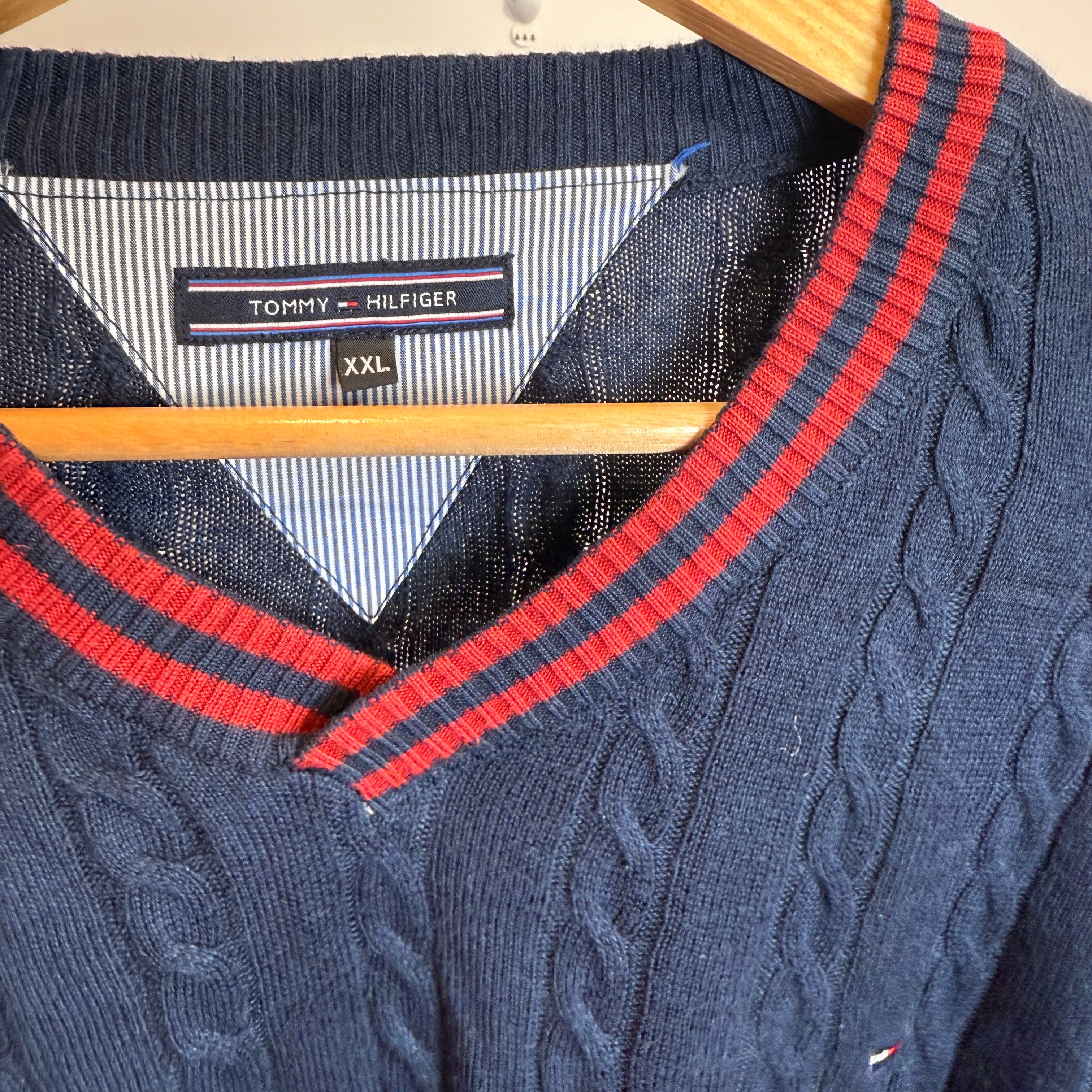 Tommy Hilfiger Knitted Quilted Pattern Navy Jumper with Red Border