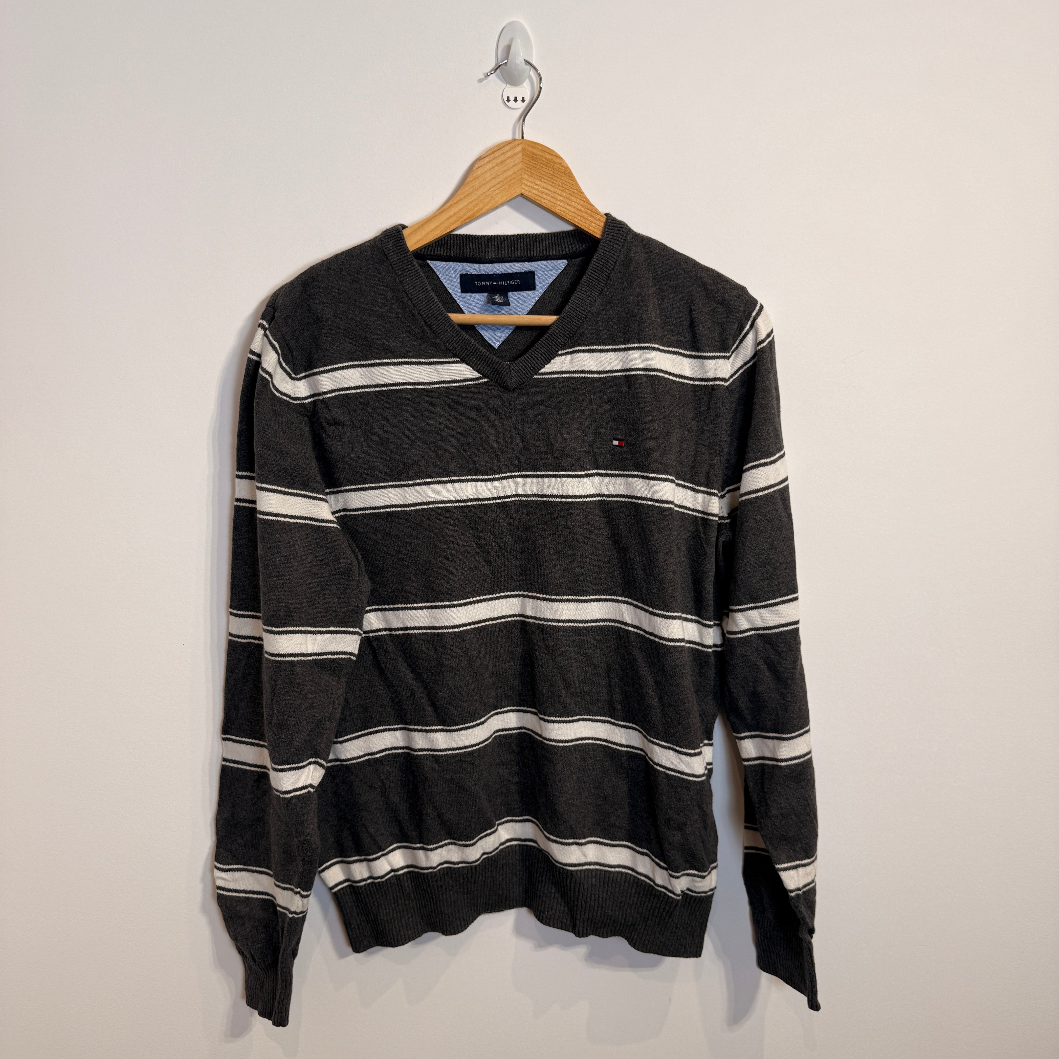 Tommy Hilfiger Dark Grey and White Striped V-Neck Jumper