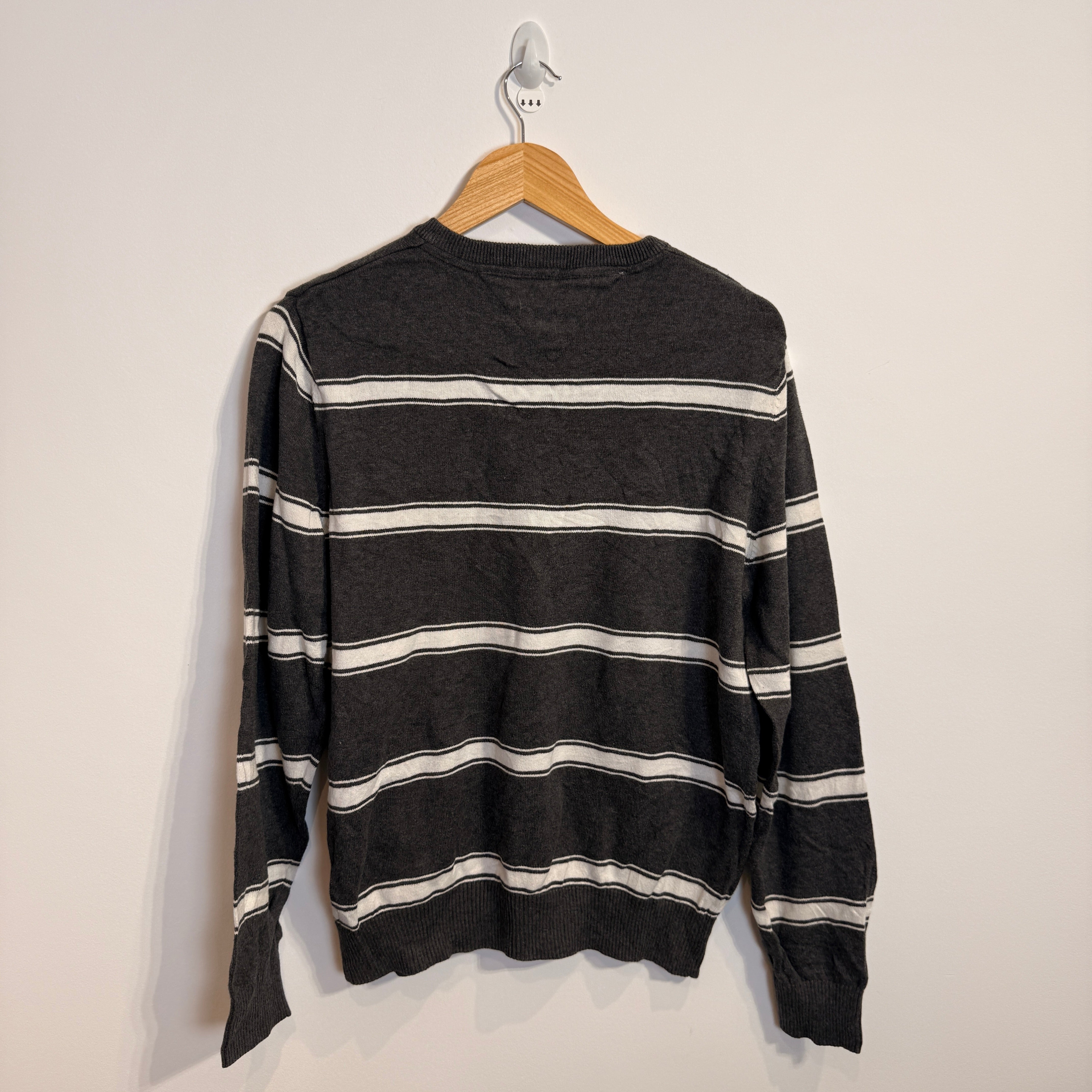 Tommy Hilfiger Dark Grey and White Striped V-Neck Jumper