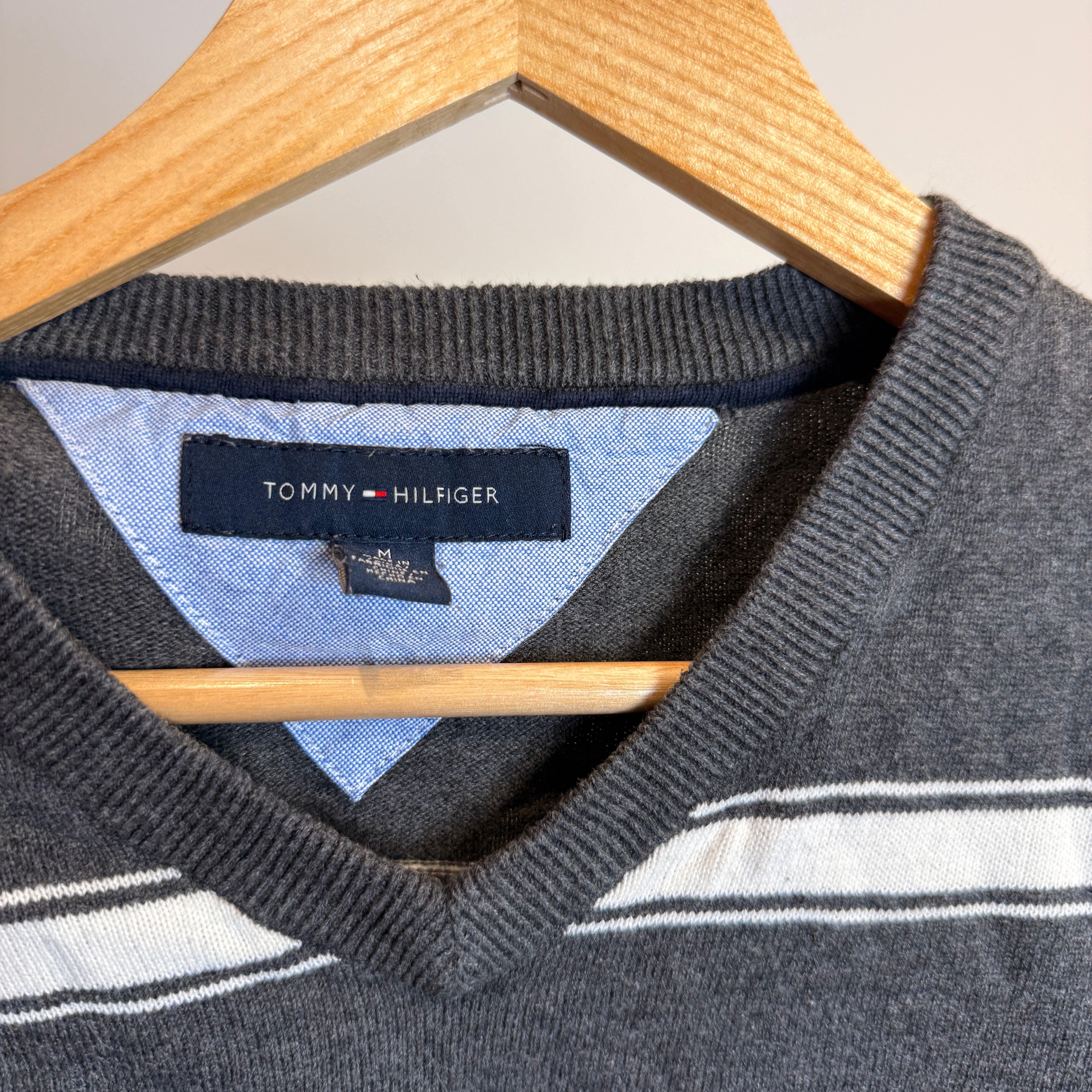 Tommy Hilfiger Dark Grey and White Striped V-Neck Jumper