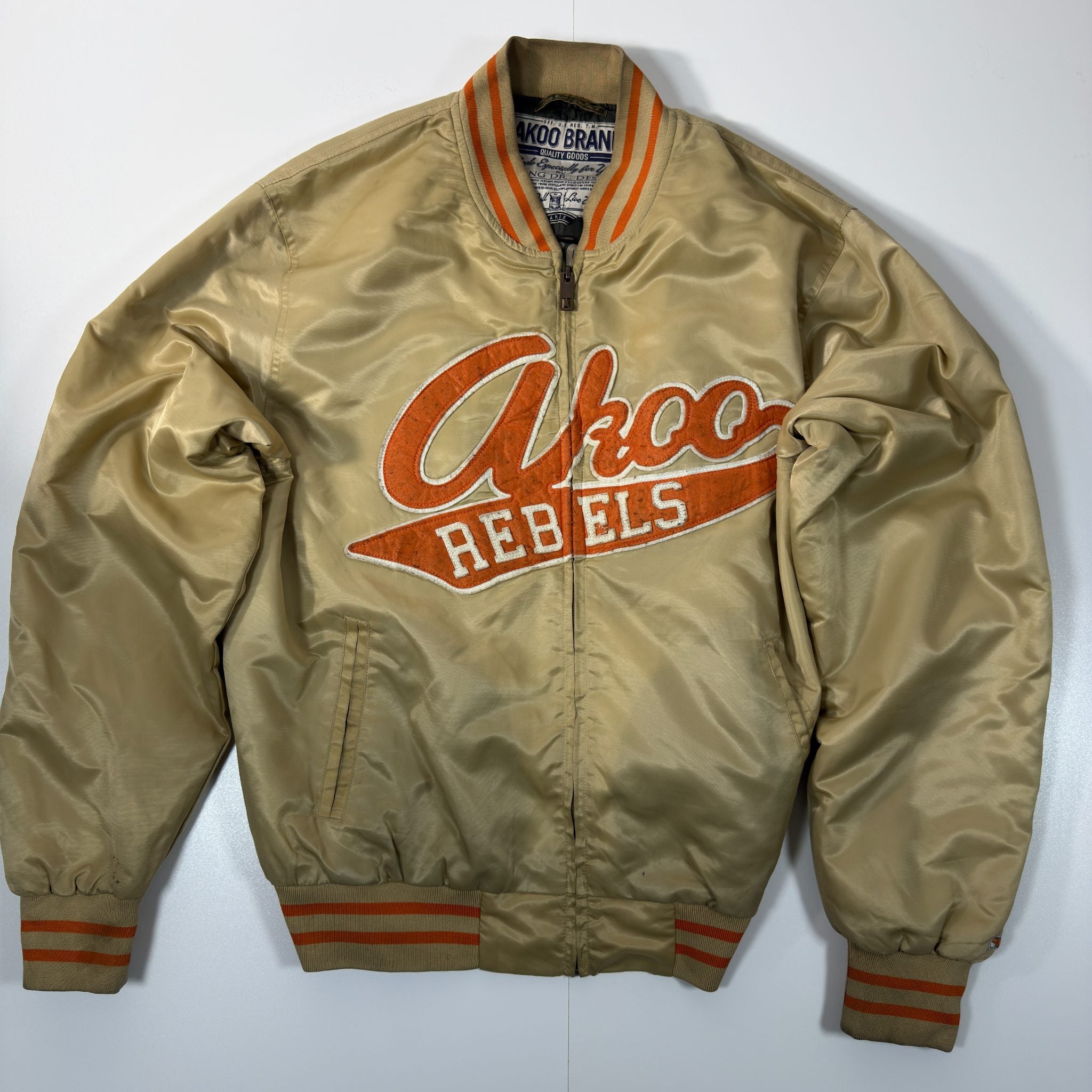 Akoo Brand Rebels Varsity Jacket Tan Orange Patch Bomber