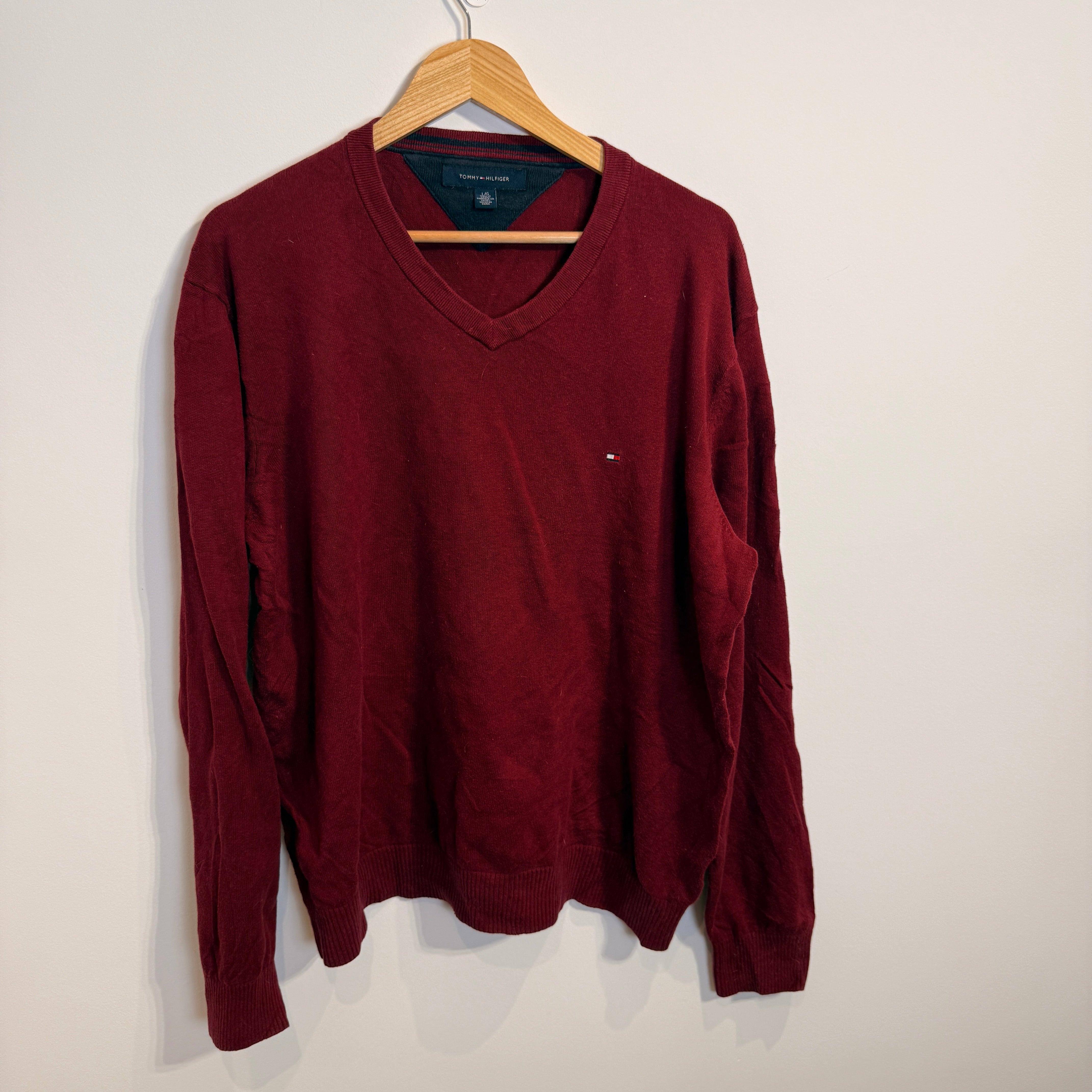 Tommy Hilfiger Burgundy Cotton V-Neck Jumper