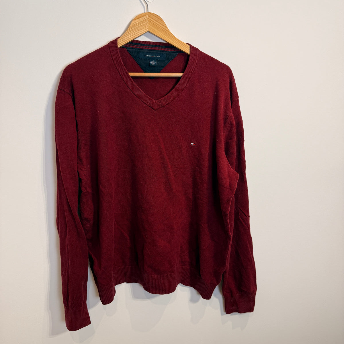 Tommy Hilfiger Burgundy Cotton V-Neck Jumper