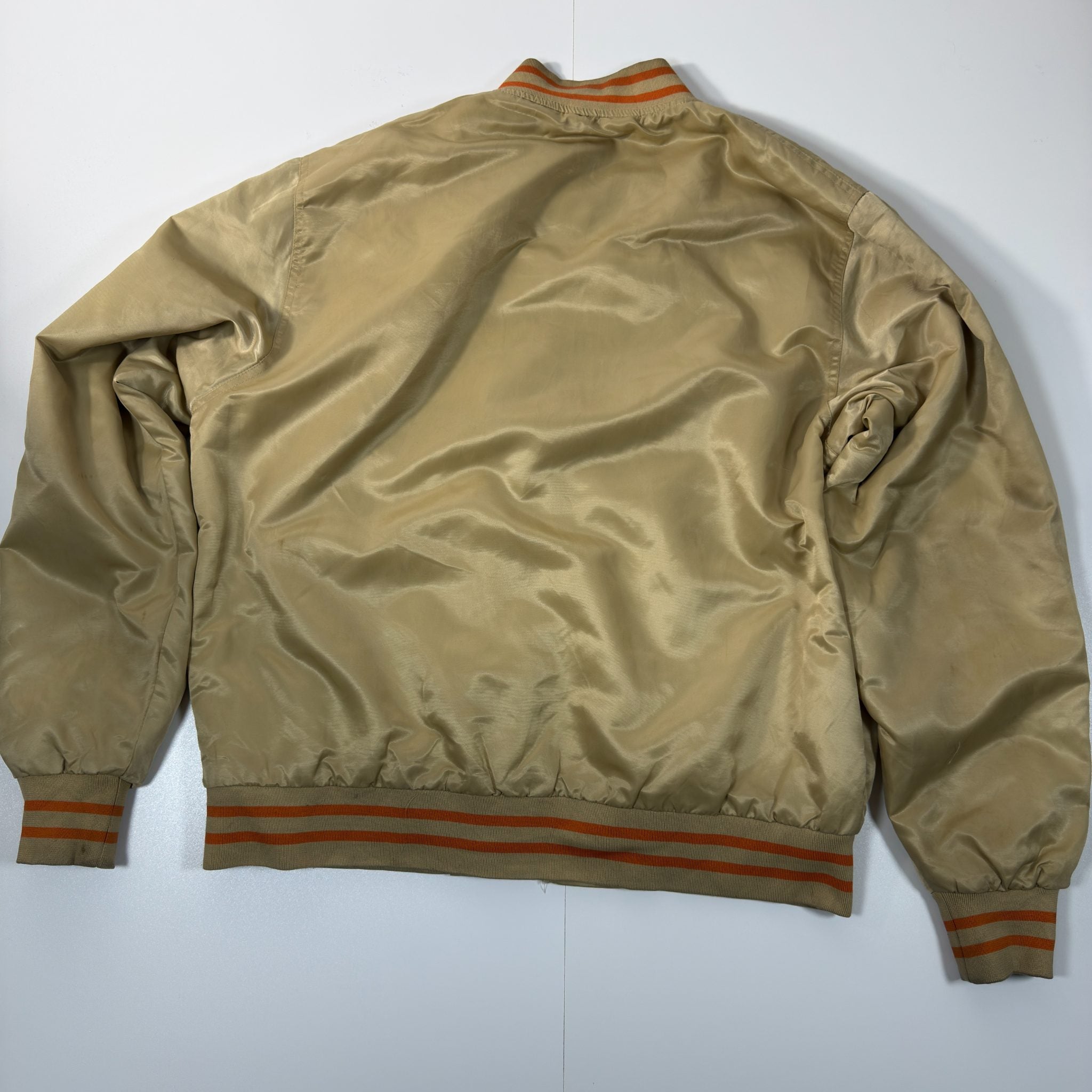 Akoo Brand Rebels Varsity Jacket Tan Orange Patch Bomber