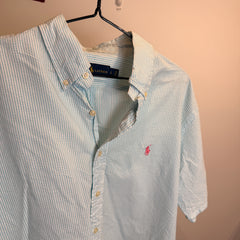 Ralph Lauren Men’s Blue and White Stripe Oxford Short Sleeve Shirt – P673