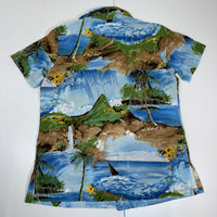 Made in Hawaii Scenic Waterfall Sailboat Print Shirt Blue Green Size S/M