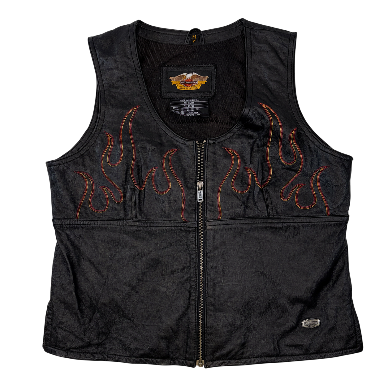 Harley-Davidson Genuine Leather Flame Vest Black Women's Medium M Biker Motorcycle Y2K
