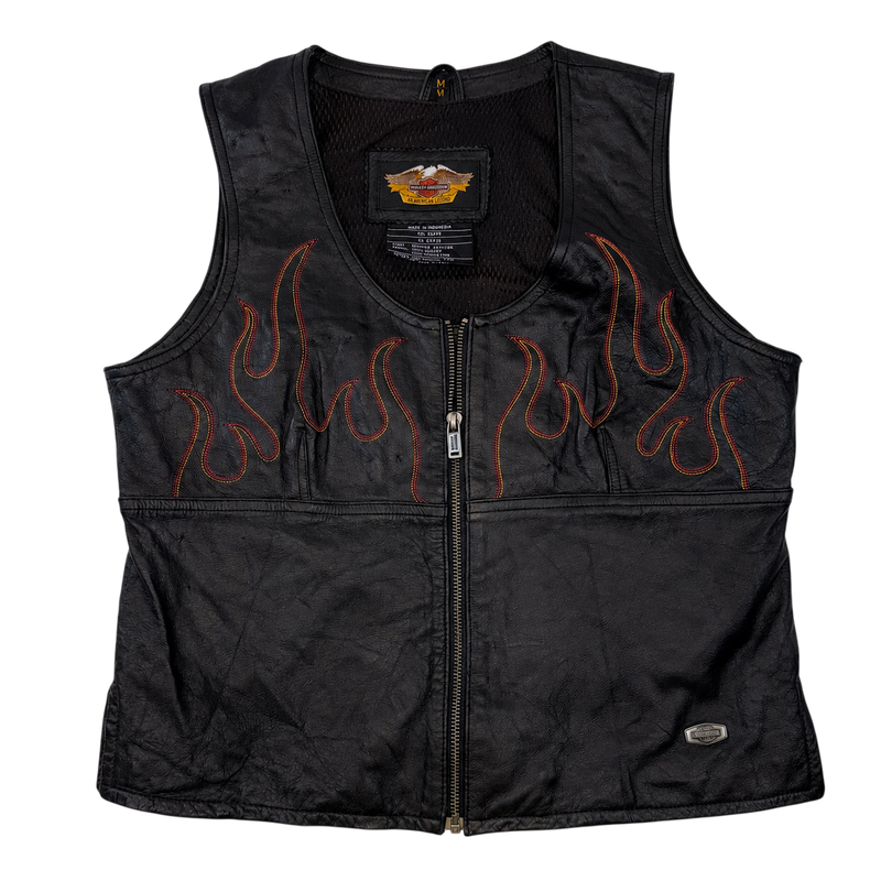 Harley-Davidson Genuine Leather Flame Vest Black Women's Medium M Biker Motorcycle Y2K