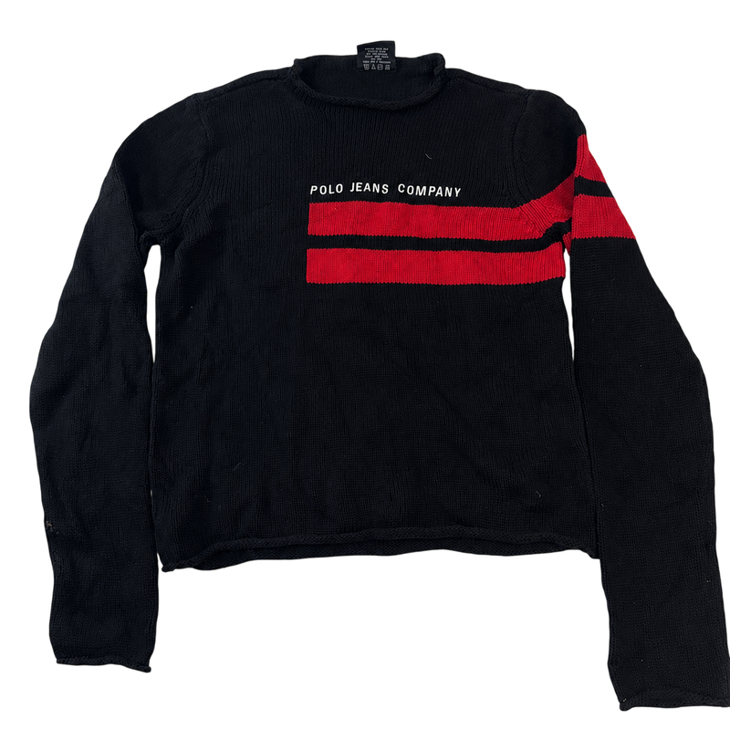 Vintage Polo Jeans Company Ralph Lauren Knit Sweater Medium Black Red Striped Cotton