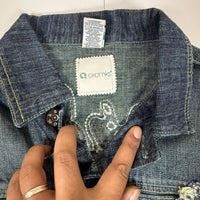 AKDMKS Cropped Denim Jacket Distressed Embroidered Dark Indigo UK 8 Y2K