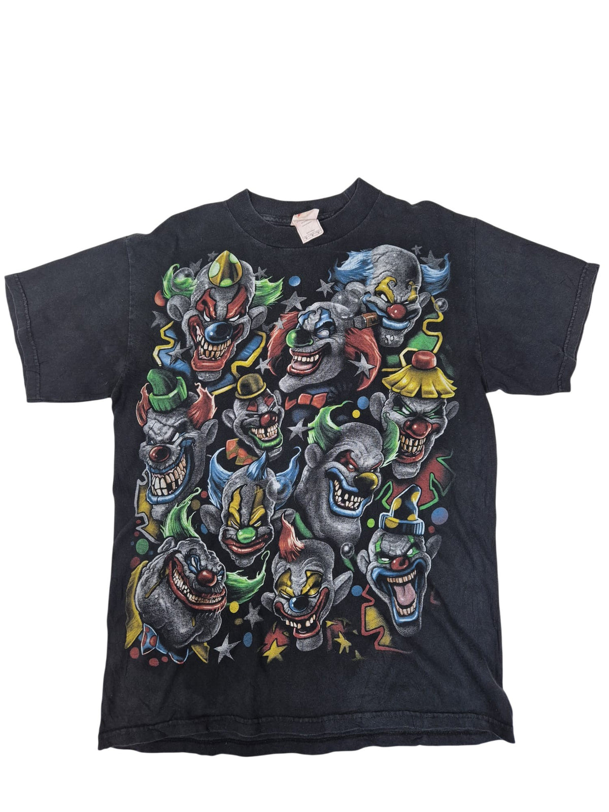 Evil Clowns All Over Print Graphic T-Shirt Faded Black Size M