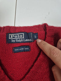 Polo Ralph Lauren Vintage 90s Lambswool V-Neck Jumper Red Navy Pony Mens Size L