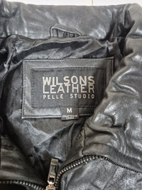 Wilsons Leather Pelle Studio Black Leather Jacket Womens M Longline Car Coat 2000s