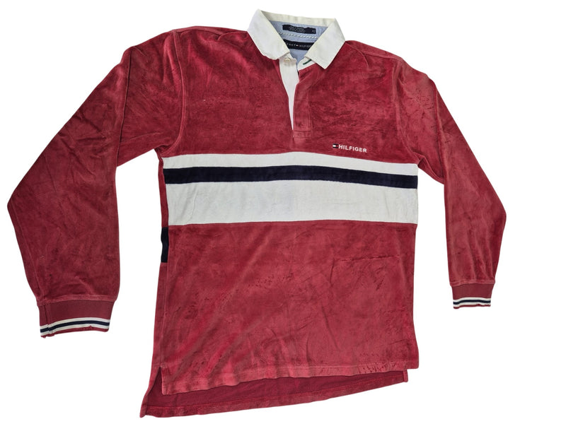Tommy Hilfiger Red Velour Flag Colourblock Rugby Polo Long Sleeve Size M