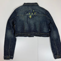 AKDMKS Cropped Denim Jacket Distressed Embroidered Dark Indigo UK 8 Y2K