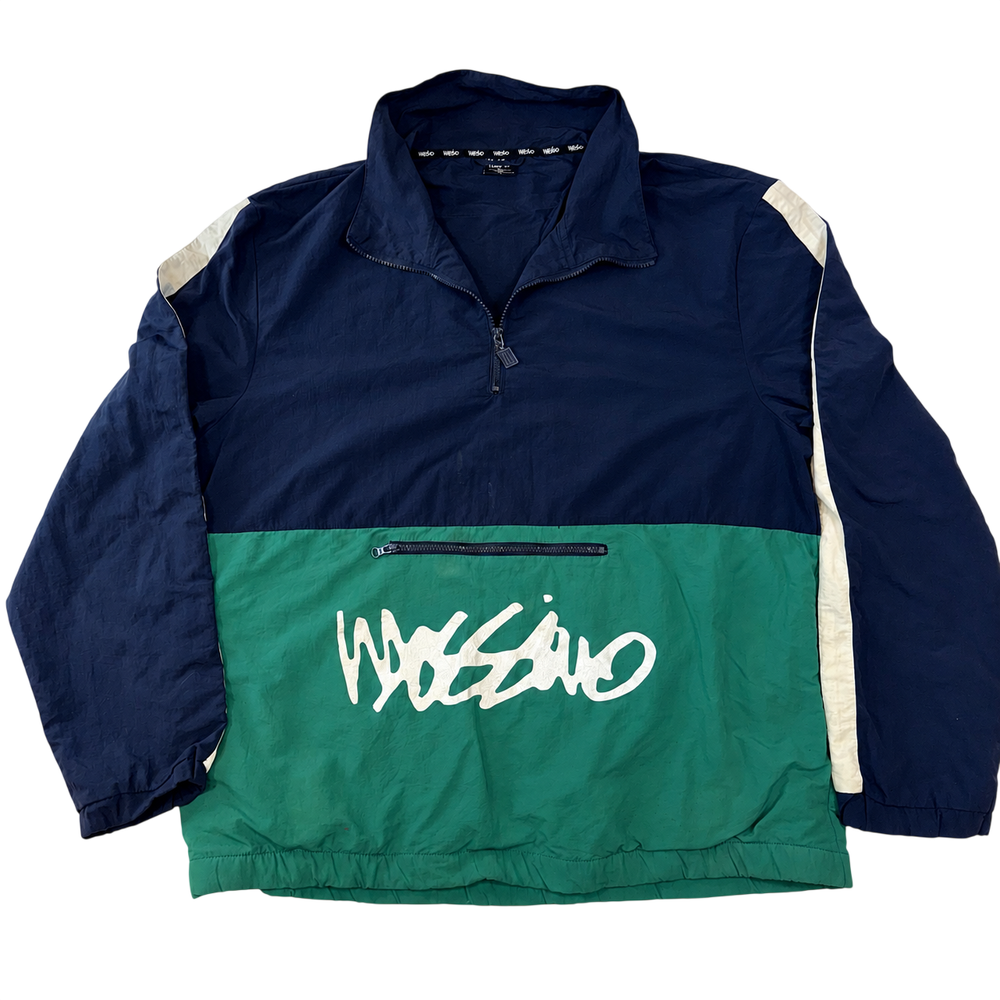 Vintage Mossimo Windbreaker Jacket XL Blue Green Pullover 1/4 Zip Spell Out Logo Y2K