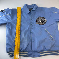 Raw Blue Faux Leather Varsity Jacket with Dragon Embroidery – Size XL